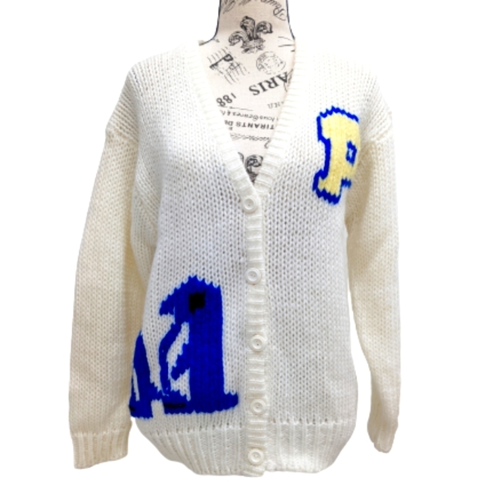 Stylish White Cardigan with Blue and Yellow Accents
